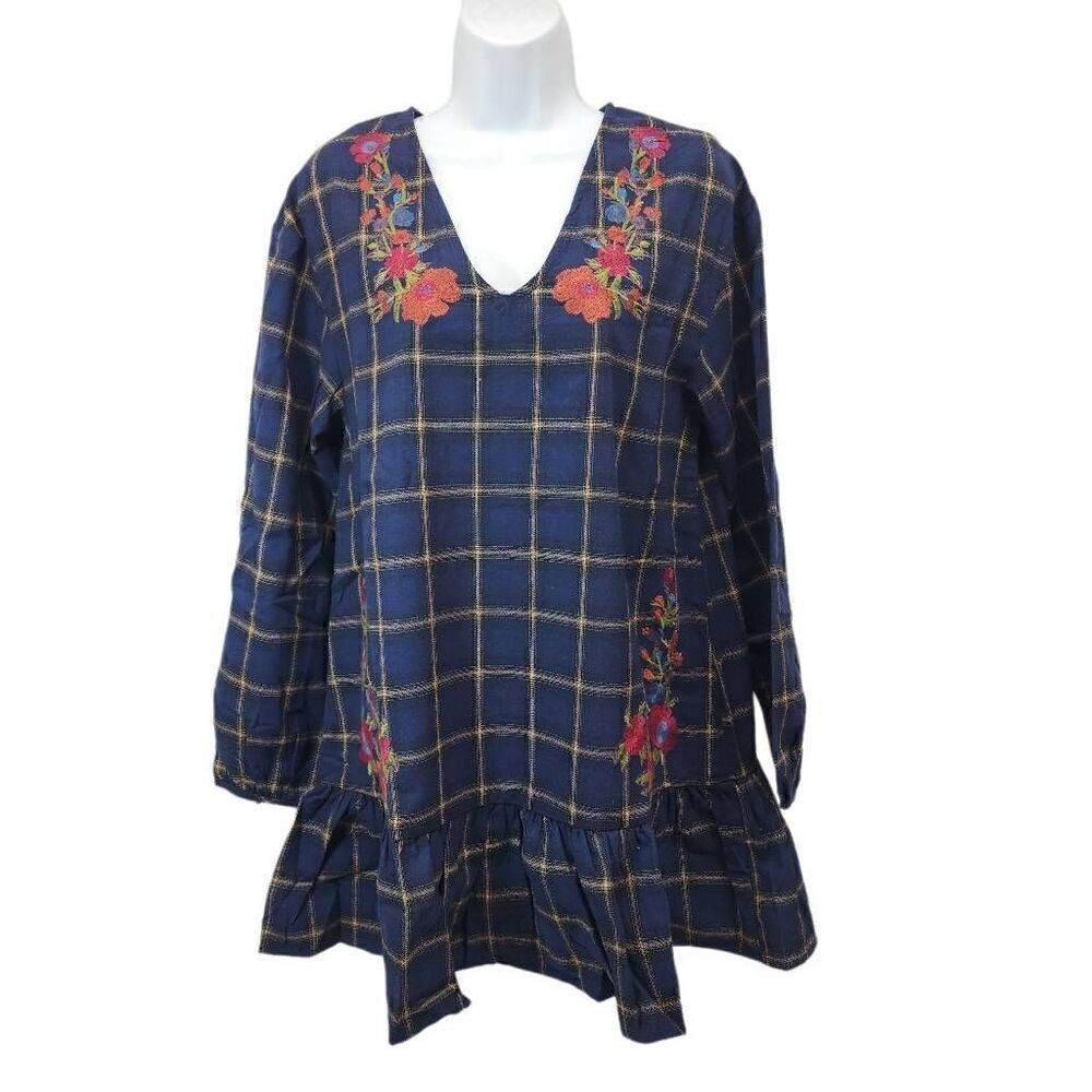 LoveRiche Plaid Flannel Long Sleeve Balloon Floral Embroidered Mini Dress Navy N